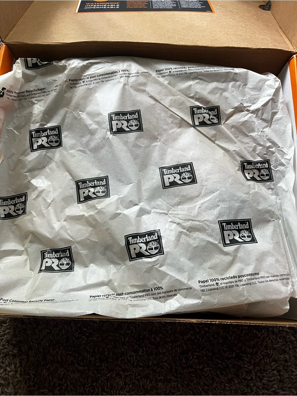 Timberland PRO Wheat/Black Work Boot Box Featuring Orange Branding